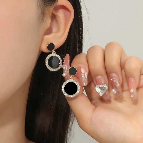 3/$35 Sparkly Circle Black Drop Dangle Gold Tone Small Earrings Rhinestones - Picture 5 of 5